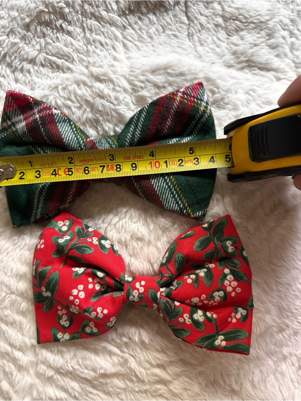 The Foggy Dog Holiday Plaid & Denim Bow Set in Red, Green, Blue - Picture 6 of 7